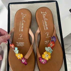Italian Shoemakers Tan Leather Floral Thong /Flop Flop Sandals, Multicolor
New